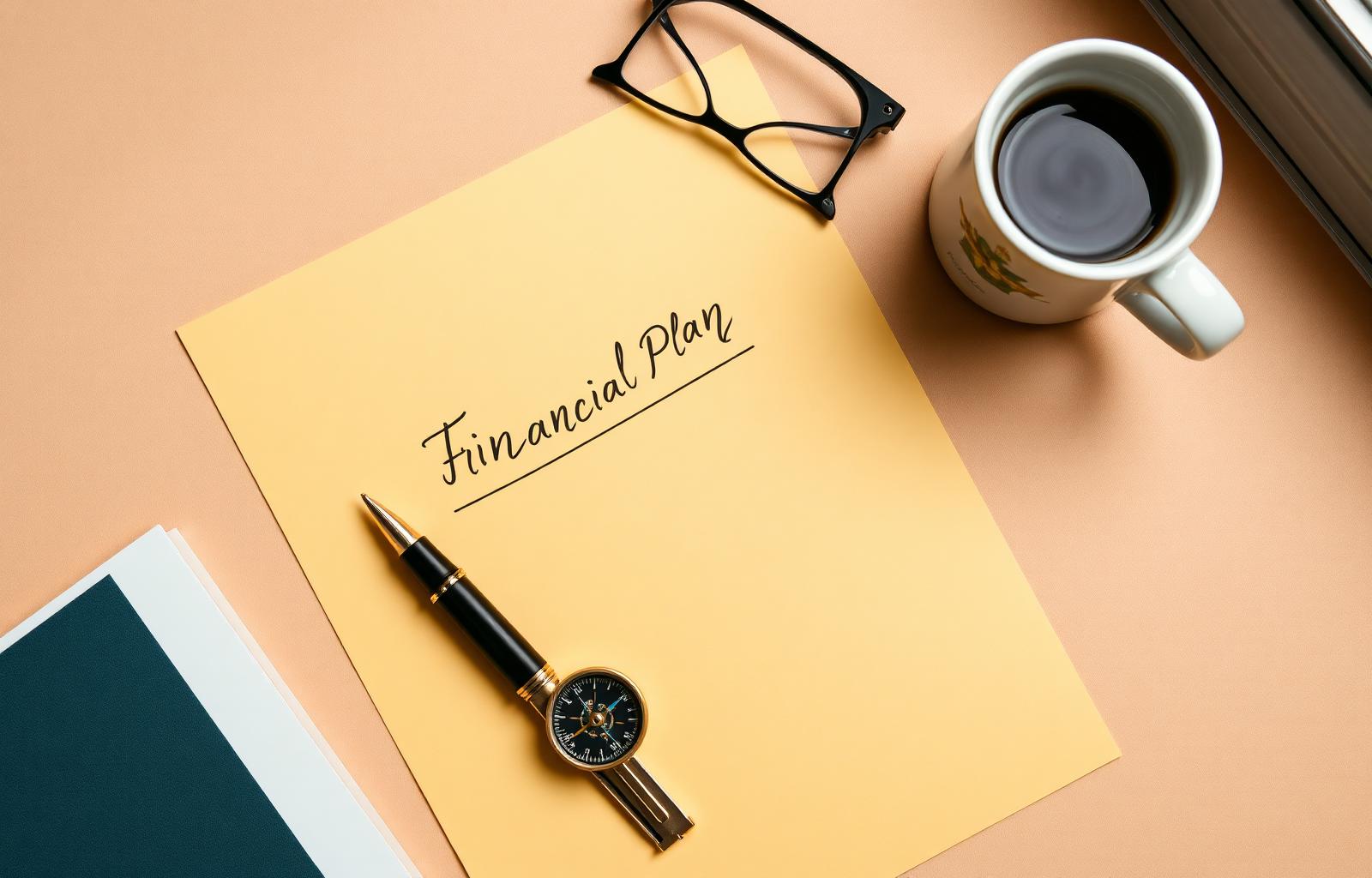 Handgeschriebener Finanzplan mit Kompass und Stift